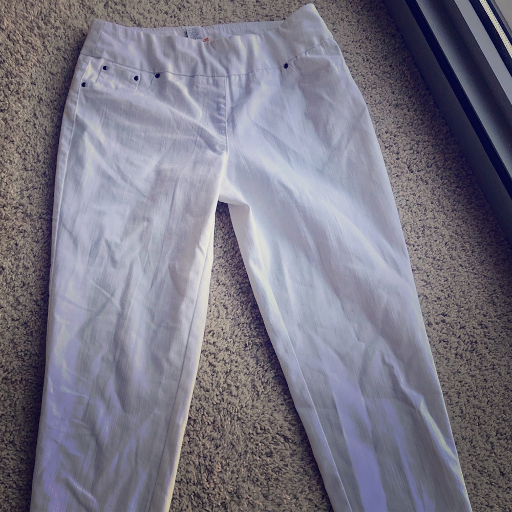 Ruby Rd White denim slacks, hidden elastic waist!